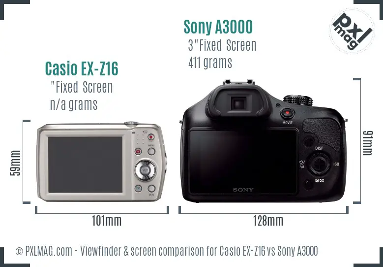 Casio EX-Z16 vs Sony A3000 Screen and Viewfinder comparison