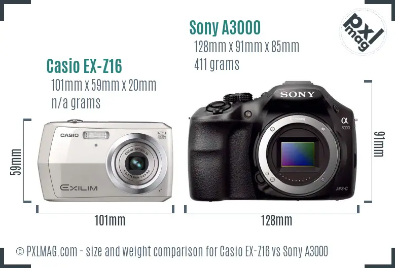 Casio EX-Z16 vs Sony A3000 size comparison