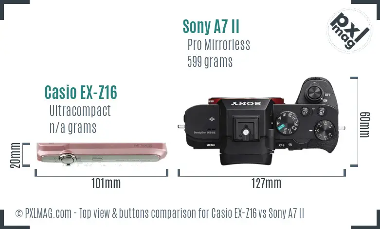 Casio EX-Z16 vs Sony A7 II top view buttons comparison