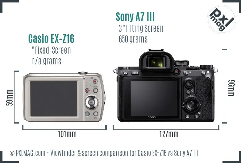 Casio EX-Z16 vs Sony A7 III Screen and Viewfinder comparison