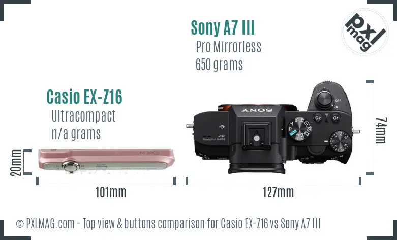 Casio EX-Z16 vs Sony A7 III top view buttons comparison