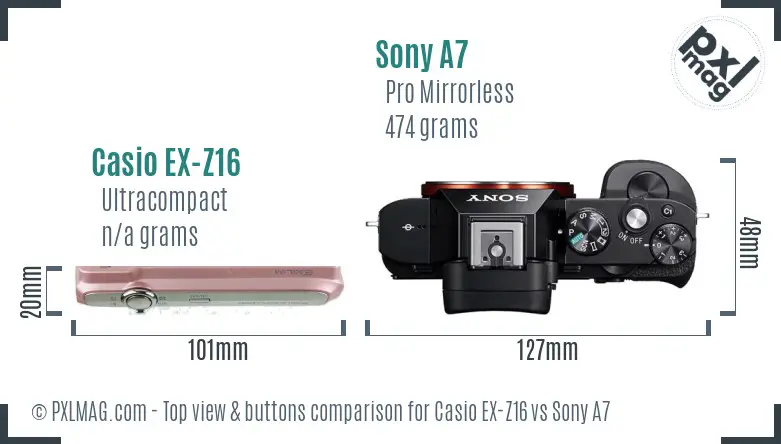 Casio EX-Z16 vs Sony A7 top view buttons comparison