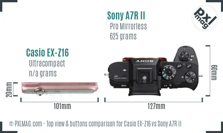 Casio EX-Z16 vs Sony A7R II top view buttons comparison Casio EX-Z16 vs Sony A7R II top view buttons comparison