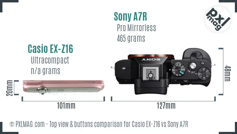 Casio EX-Z16 vs Sony A7R top view buttons comparison