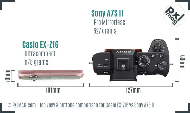 Casio EX-Z16 vs Sony A7S II top view buttons comparison Casio EX-Z16 vs Sony A7S II top view buttons comparison
