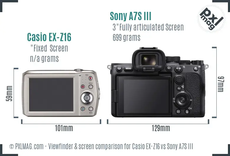 Casio EX-Z16 vs Sony A7S III Screen and Viewfinder comparison