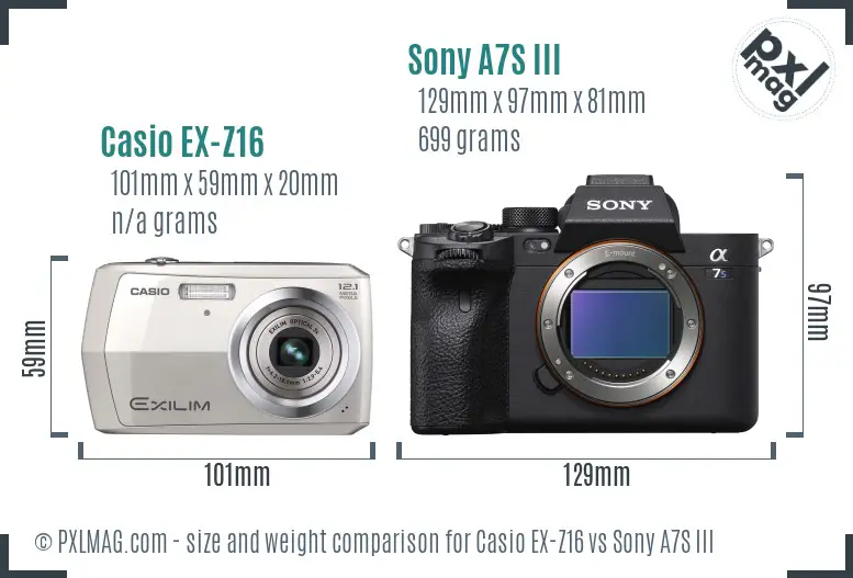 Casio EX-Z16 vs Sony A7S III size comparison