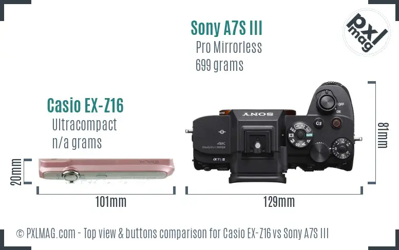 Casio EX-Z16 vs Sony A7S III top view buttons comparison