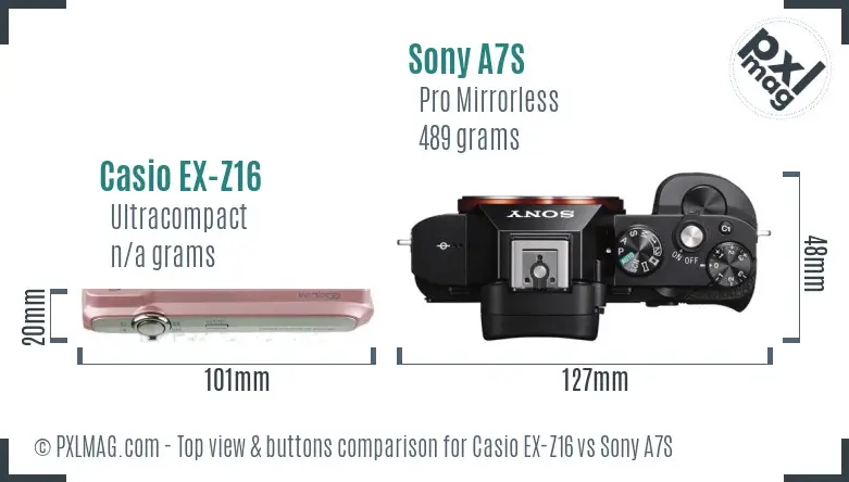 Casio EX-Z16 vs Sony A7S top view buttons comparison