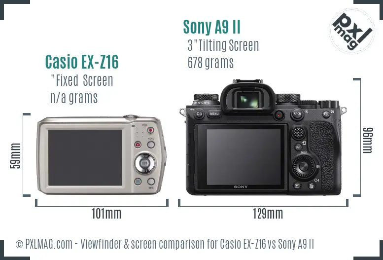 Casio EX-Z16 vs Sony A9 II Screen and Viewfinder comparison
