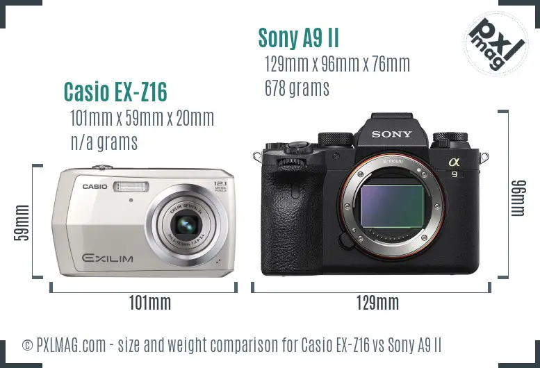 Casio EX-Z16 vs Sony A9 II size comparison
