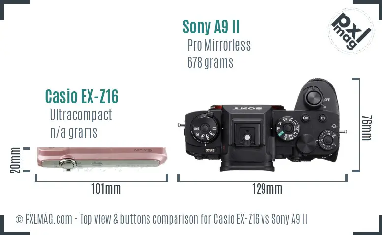 Casio EX-Z16 vs Sony A9 II top view buttons comparison
