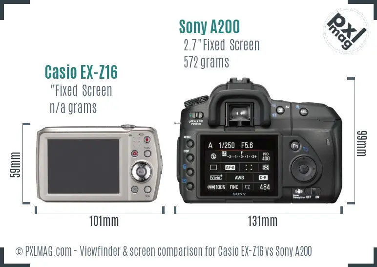 Casio EX-Z16 vs Sony A200 Screen and Viewfinder comparison