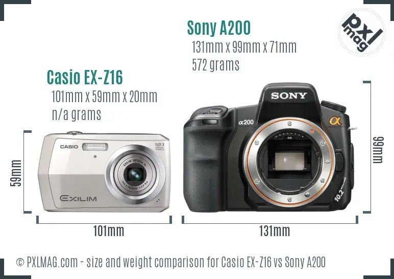 Casio EX-Z16 vs Sony A200 size comparison