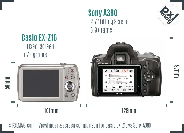 Casio EX-Z16 vs Sony A380 Screen and Viewfinder comparison