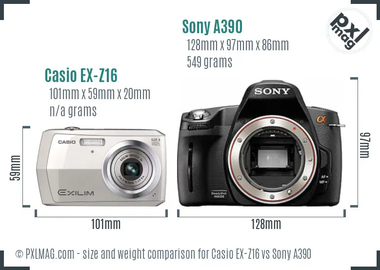 Casio EX-Z16 vs Sony A390 size comparison