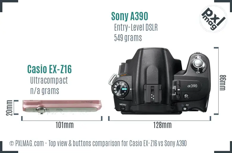 Casio EX-Z16 vs Sony A390 top view buttons comparison