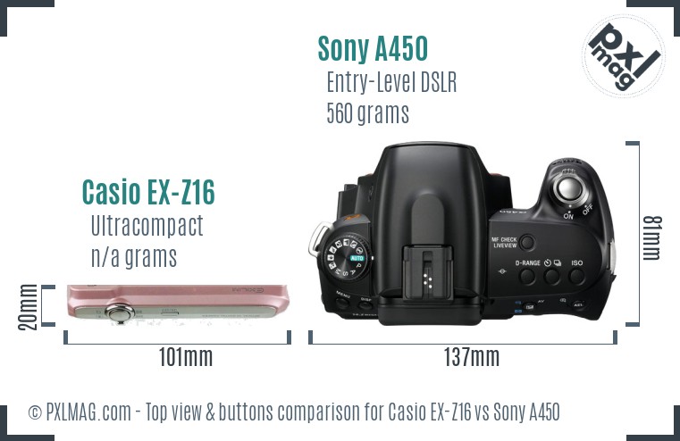 Casio EX-Z16 vs Sony A450 top view buttons comparison