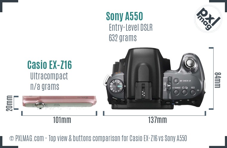 Casio EX-Z16 vs Sony A550 top view buttons comparison