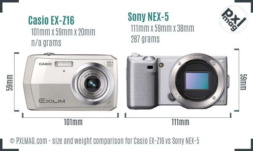 Casio EX-Z16 vs Sony NEX-5 size comparison
