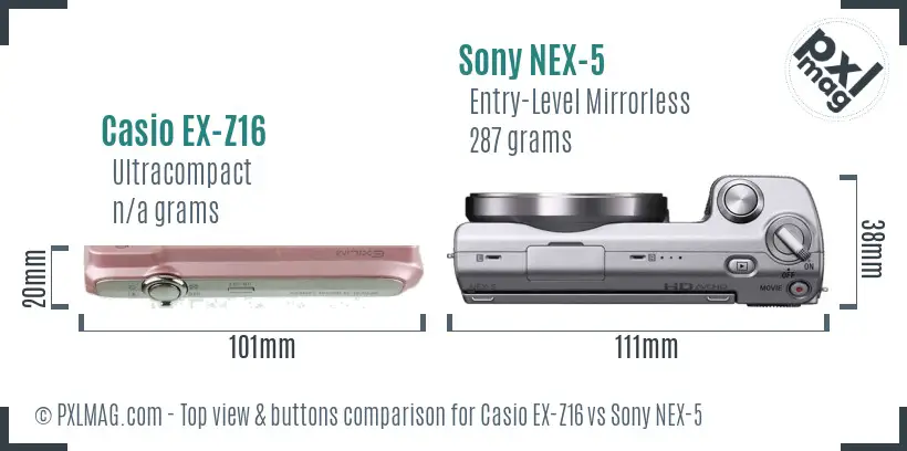 Casio EX-Z16 vs Sony NEX-5 top view buttons comparison