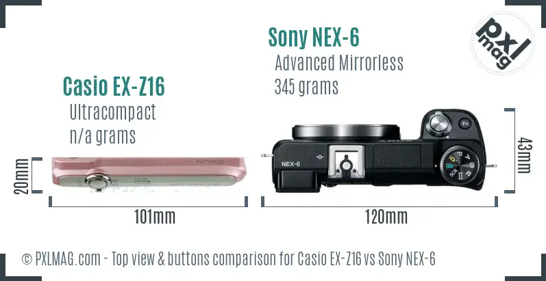 Casio EX-Z16 vs Sony NEX-6 top view buttons comparison Casio EX-Z16 vs Sony NEX-6 top view buttons comparison