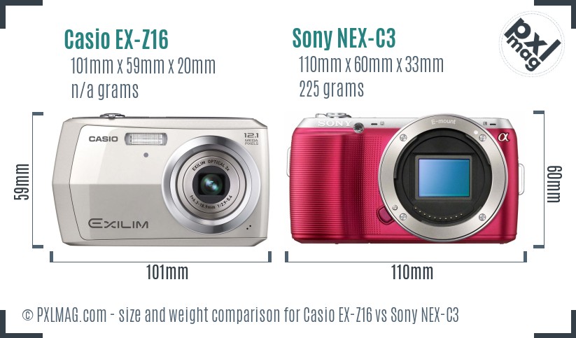 Casio EX-Z16 vs Sony NEX-C3 size comparison