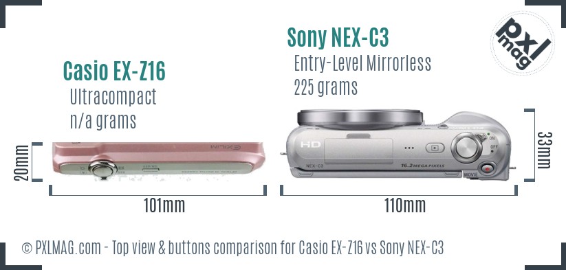 Casio EX-Z16 vs Sony NEX-C3 top view buttons comparison