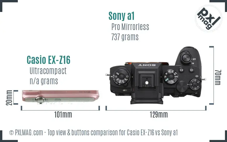 Casio EX-Z16 vs Sony a1 top view buttons comparison Casio EX-Z16 vs Sony a1 top view buttons comparison