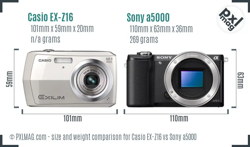 Casio EX-Z16 vs Sony a5000 size comparison