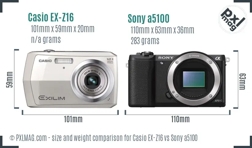 Casio EX-Z16 vs Sony a5100 size comparison
