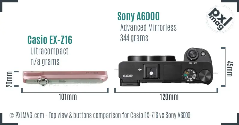 Casio EX-Z16 vs Sony A6000 top view buttons comparison