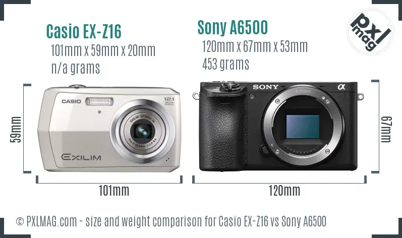 Casio EX-Z16 vs Sony A6500 size comparison