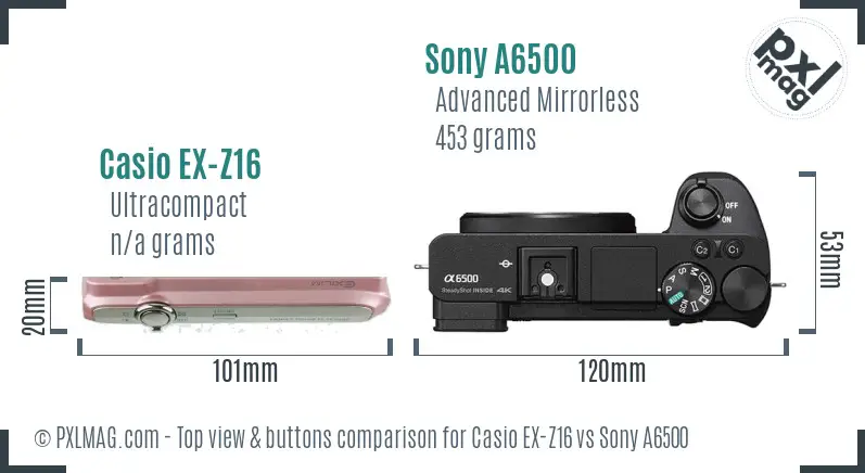 Casio EX-Z16 vs Sony A6500 top view buttons comparison