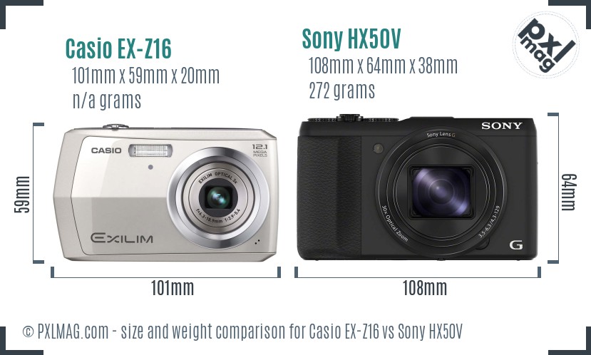 Casio EX-Z16 vs Sony HX50V size comparison