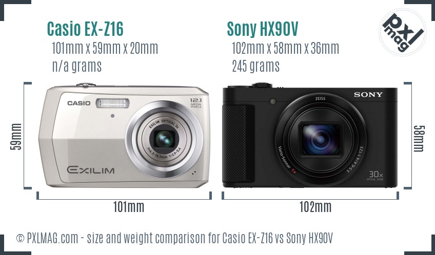 Casio EX-Z16 vs Sony HX90V size comparison