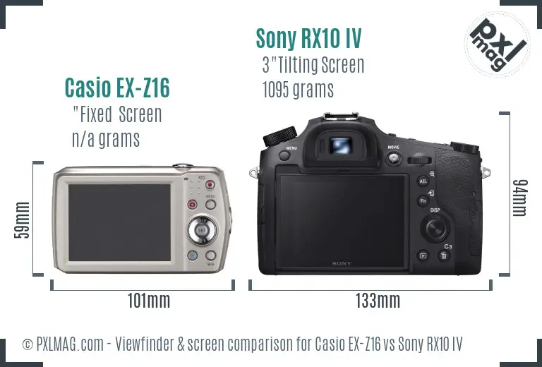 Casio EX-Z16 vs Sony RX10 IV Screen and Viewfinder comparison