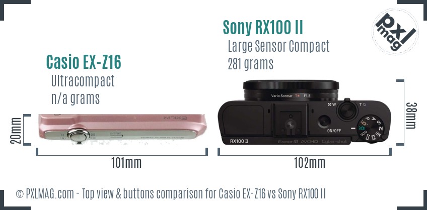Casio EX-Z16 vs Sony RX100 II top view buttons comparison