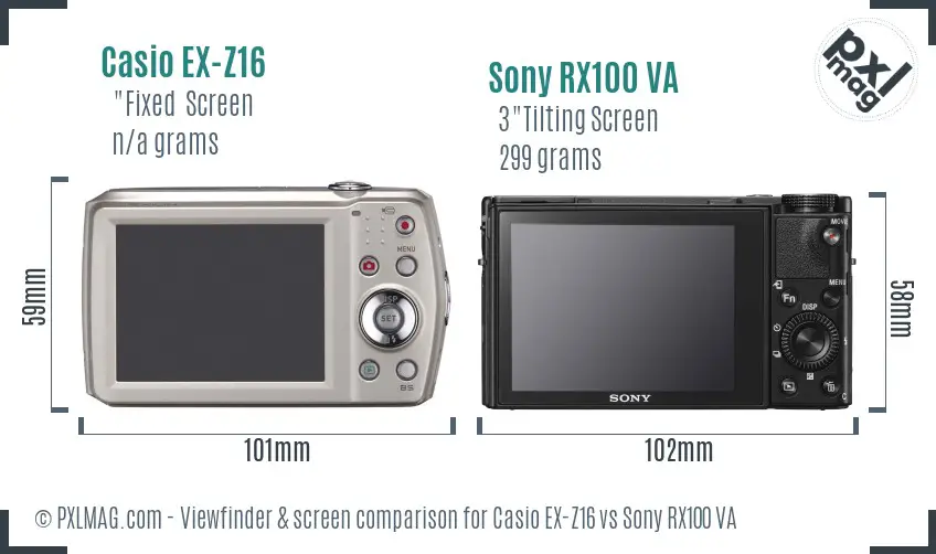 Casio EX-Z16 vs Sony RX100 VA Screen and Viewfinder comparison