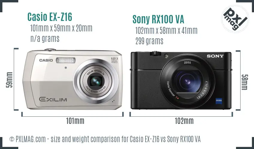 Casio EX-Z16 vs Sony RX100 VA size comparison