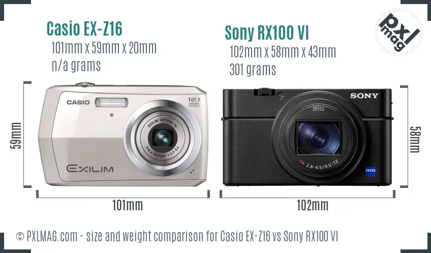 Casio EX-Z16 vs Sony RX100 VI size comparison Casio EX-Z16 vs Sony RX100 VI size comparison