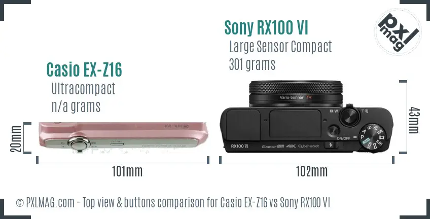 Casio EX-Z16 vs Sony RX100 VI top view buttons comparison Casio EX-Z16 vs Sony RX100 VI top view buttons comparison