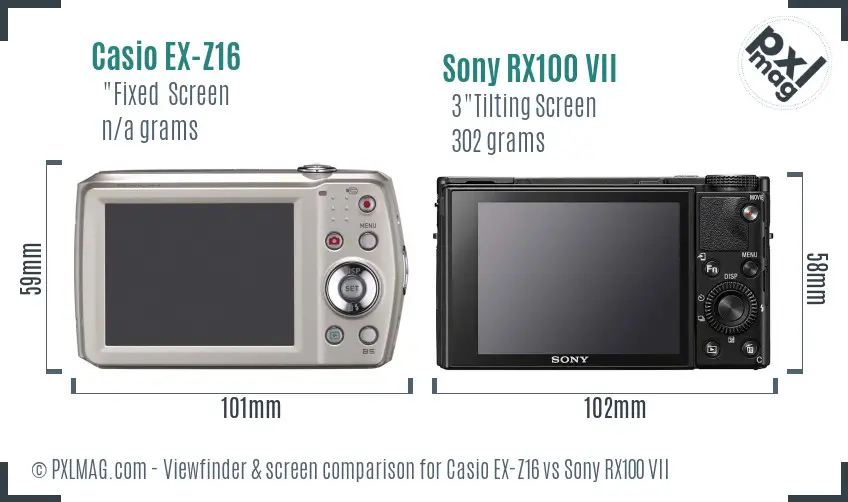 Casio EX-Z16 vs Sony RX100 VII Screen and Viewfinder comparison