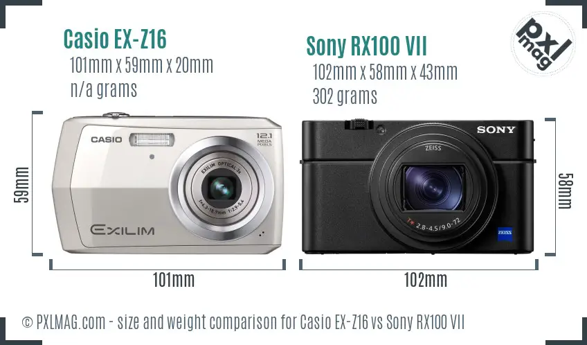 Casio EX-Z16 vs Sony RX100 VII size comparison