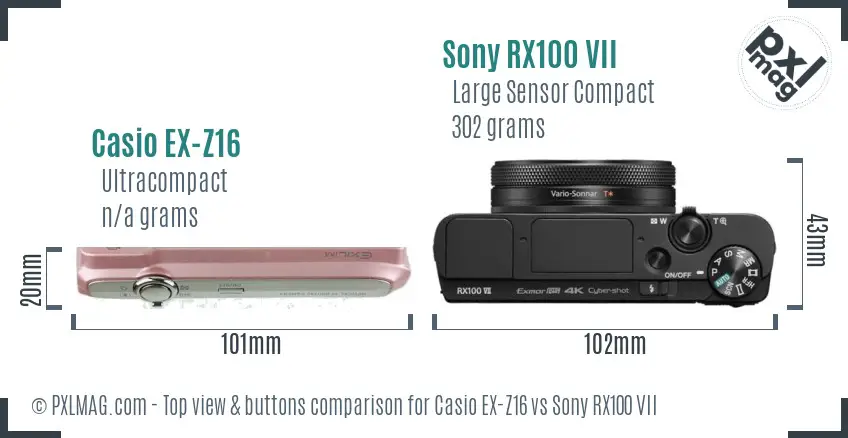 Casio EX-Z16 vs Sony RX100 VII top view buttons comparison