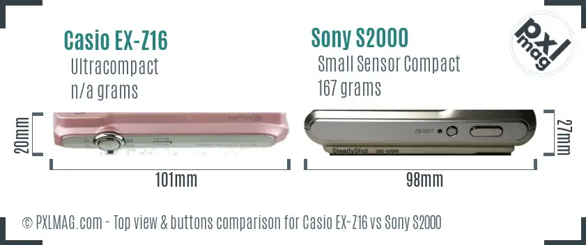 Casio EX-Z16 vs Sony S2000 top view buttons comparison Casio EX-Z16 vs Sony S2000 top view buttons comparison