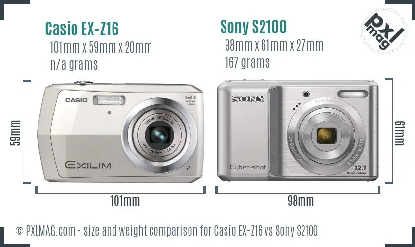 Casio EX-Z16 vs Sony S2100 size comparison