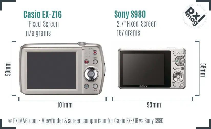 Casio EX-Z16 vs Sony S980 Screen and Viewfinder comparison