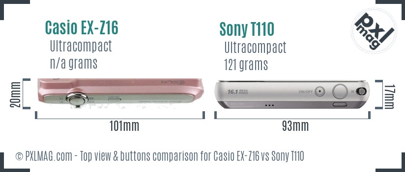 Casio EX-Z16 vs Sony T110 top view buttons comparison Casio EX-Z16 vs Sony T110 top view buttons comparison