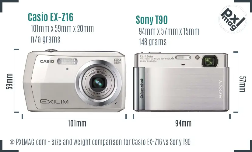 Casio EX-Z16 vs Sony T90 size comparison